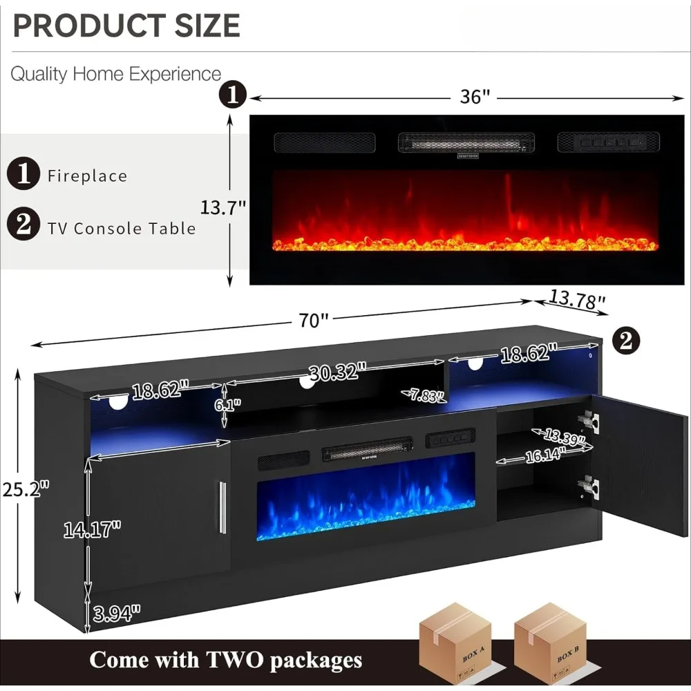 70-дюймовая каминная подставка для телевизора с розеткой для телевизоров с диагональю до 80 дюймов, развлекательный центр с электрическим камином со светодиодом и шкафами для хранения вещей