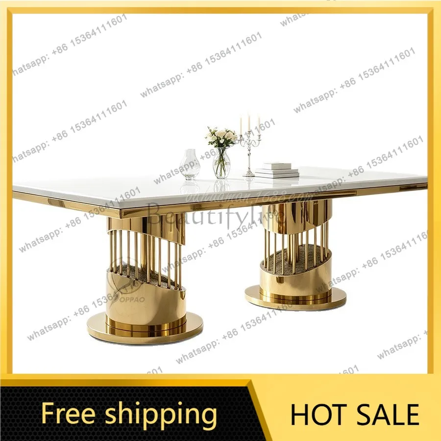 LS light luxury marble dining table stainless steel mirror rectangular gold living room hotel dining table