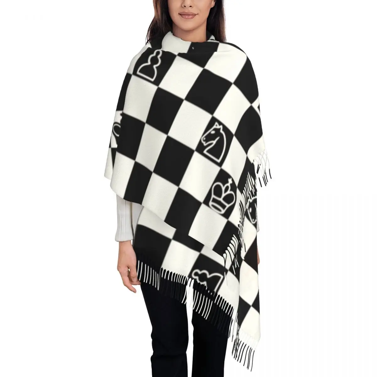 Lady Long Fashion Chess Scarves Women Winter Fall Soft Warm Tassel Shawl Wrap Chessboard Game Scarf