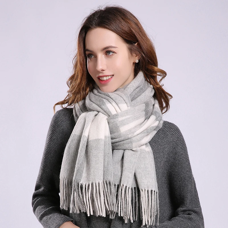 

Women Plaid Wool Scarf Winter Warm Large Fine Wool Shawls Blanket Scarf Luxury Design Fringes Plaid Sheep Wool Cashmere Scarves