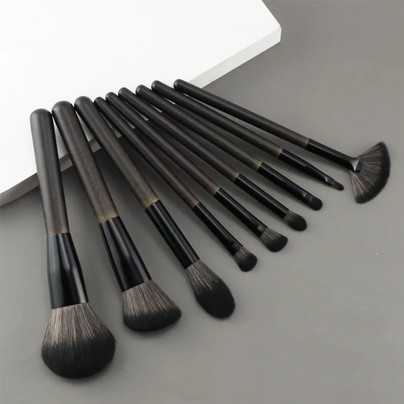 9pcs Wooden Handle Cosmetic Brush Set with Aluminum Ferrules - Soft Bristled Powder, Contour, Eyeshadow & Highlight Brushes
