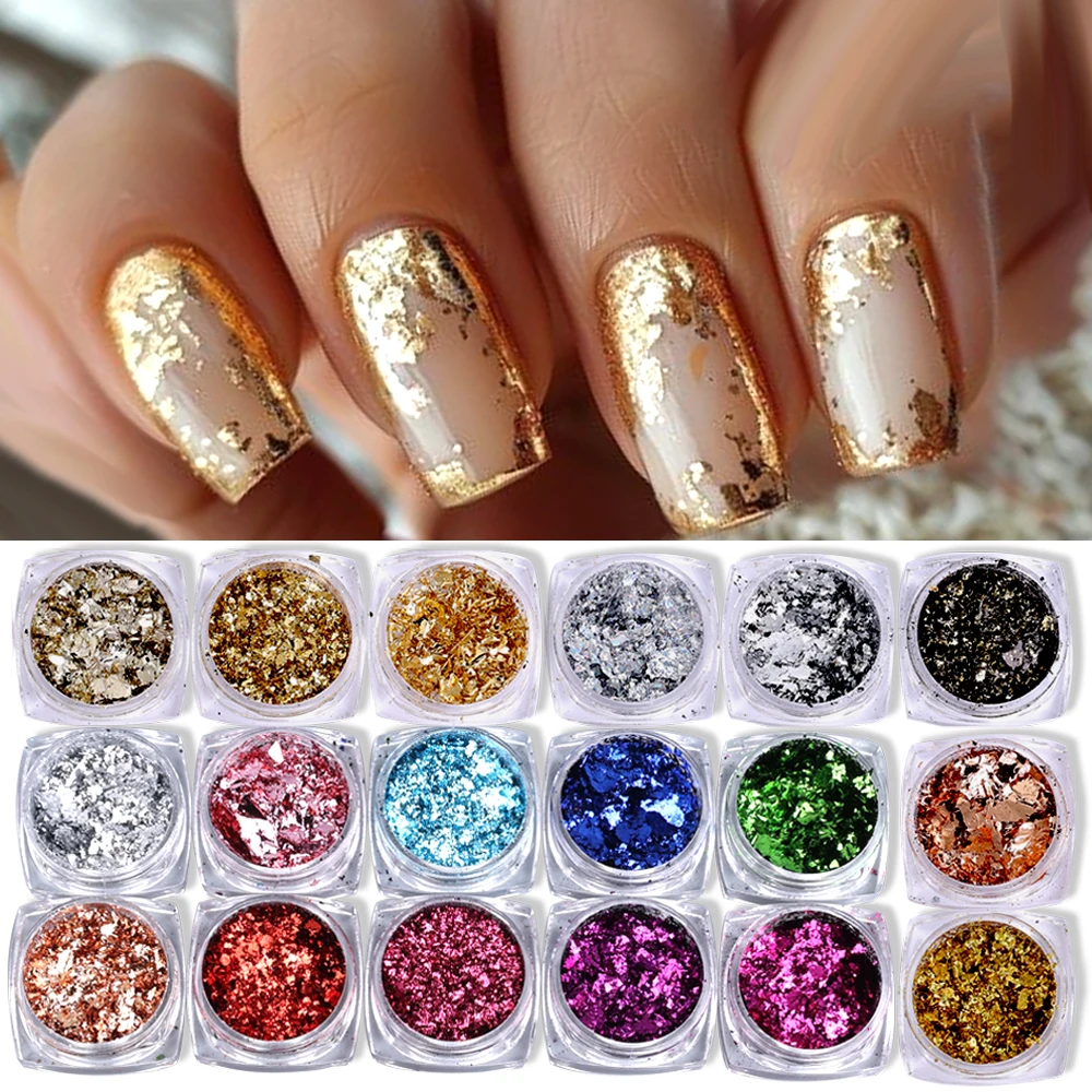 

8/10/18 коробок, золотистая, серебристая алюминиевая фольга для ногтей, бумажные хлопья для дизайна ногтей, блестки, нерегулярная наклейка из фольги, маникюрный декор, принадлежности для ногтей