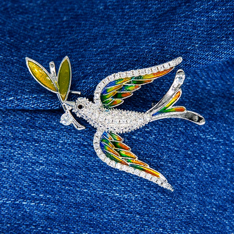 Enamel Bird Brooches For Women Men Rhinestone CZ Peace Dove Pins Olive Branch Wedding Jewelry Pigeon Badge New Year Party Gifts view 5