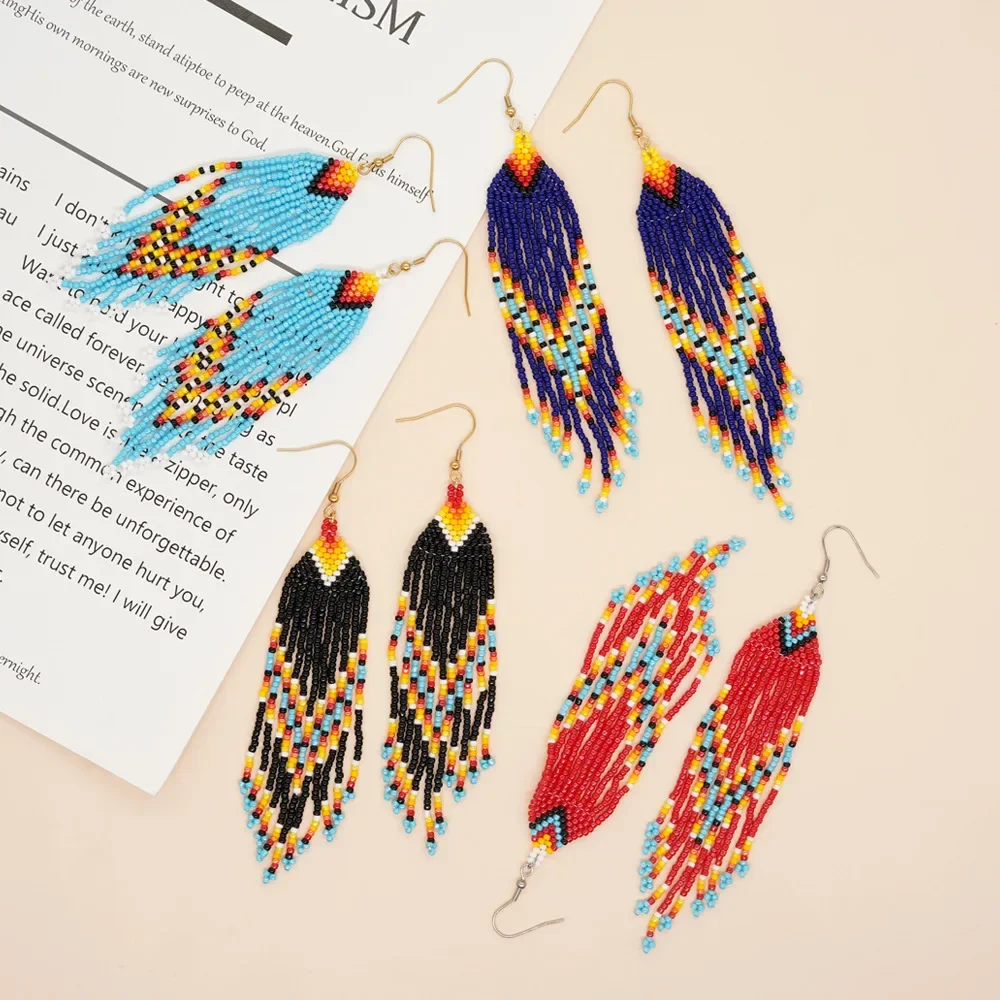 

Beaded earrings Tassel Versatile Originality Geometry Design Hand knitting Bohemia Alloy Female Tide Simple Rice bead earrings