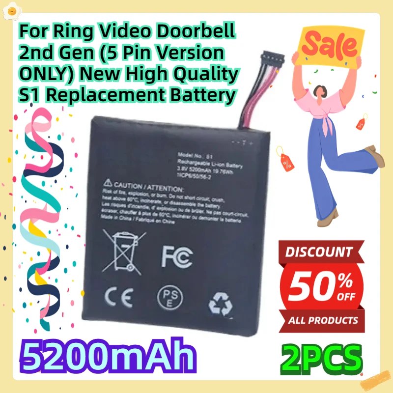 

For Ring Video Doorbell 2nd Gen (5 Pin Version ONLY) New High Quality S1 3.8V 5200mAh Replacement Battery