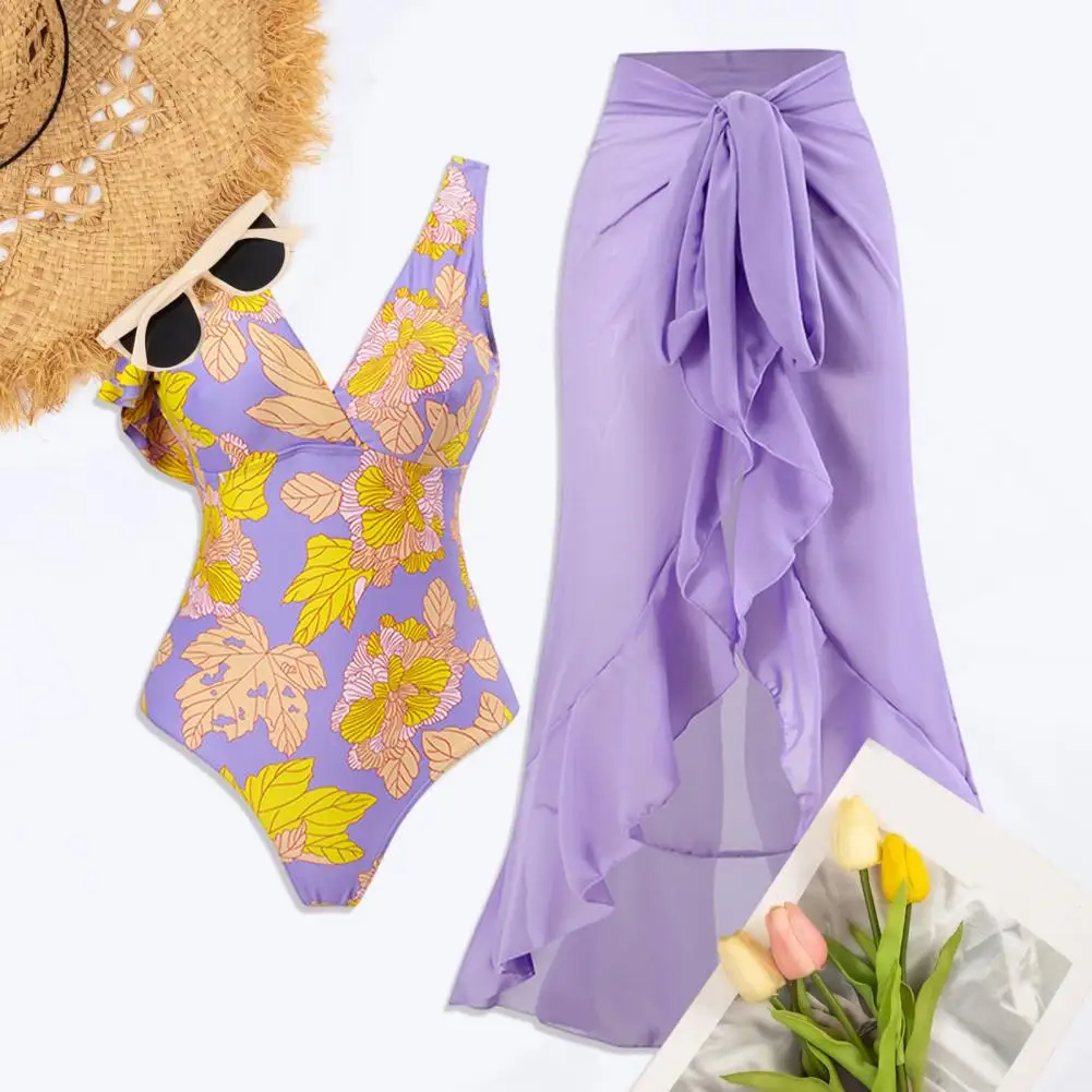 Purple One-Shoulder Ruffled Print Floral Swimsuit Set Cover Up Single Piece Micro Monokini Sexy Swimwear For Girls Summer Beach