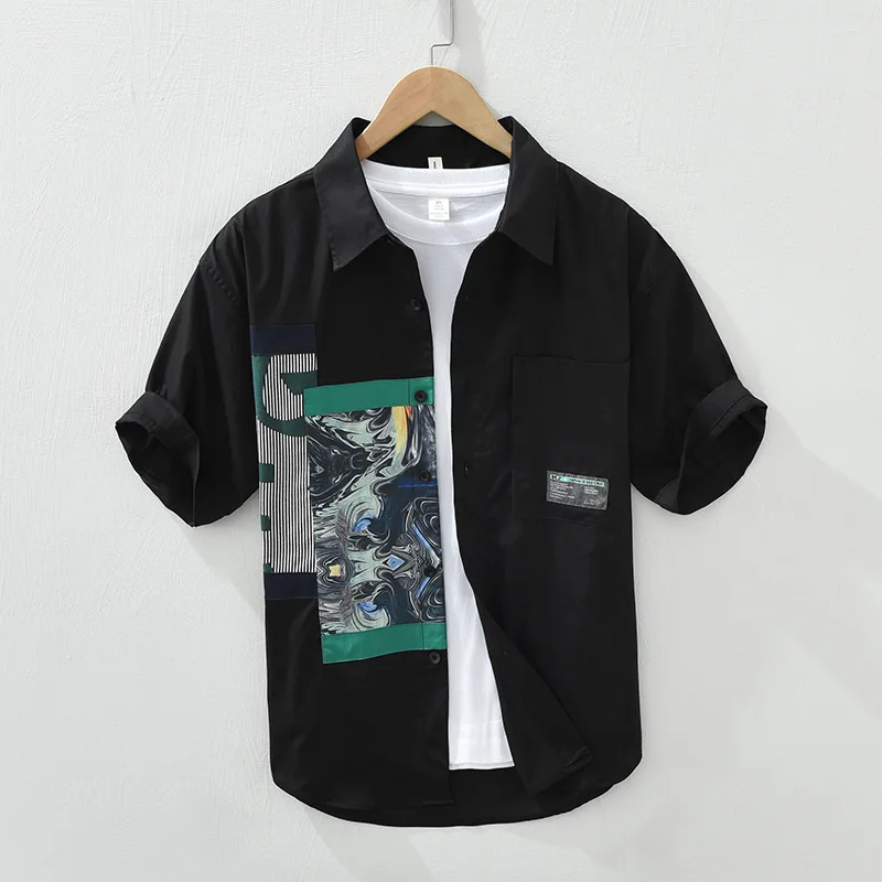 

Korean Fashion Mens Shirts Short Sleeve Streetwear Patchwork Printed Shirt Casual Summer Pure Cotton Black Shirt Men Youth Tops