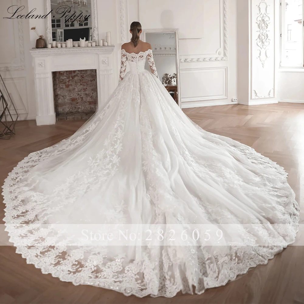 Lceland Poppy Customized Ball Gown Boat Neck Lace Appliques Wedding Dresses Full Sleeves Bridal Gowns with Cathedral Train