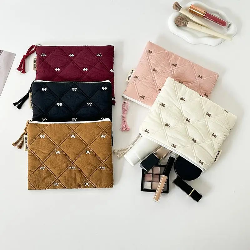 Quilted Design Cosmetic Bag Embroidered Bow Large Capacity Stationery Bag Multifunctional Pen Bag