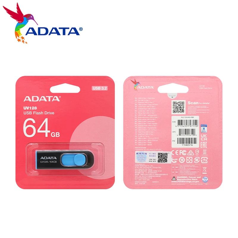 قرص فلاش ADATA UV128 USB3.2 Gen 1 الأصلي 32 جيجابايت قلم محرك ذاكرة عصا 64 جيجابايت 128 جيجابايت عالي السرعة 256 جيجابايت للكمبيوتر المحمول