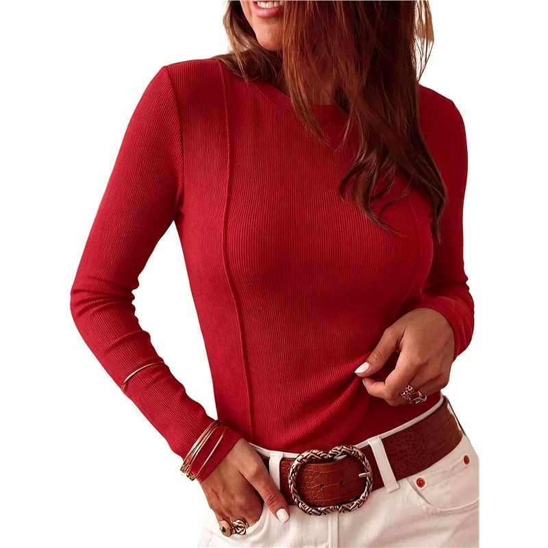 Women's Crew Neck Ribbed Slim Fit Long Sleeve Top Eco-Friendly