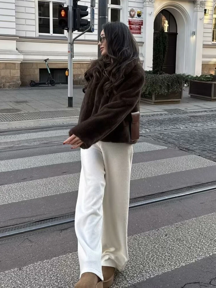 レディースファッション人工毛皮ブラウンコート冬用ゆったり保温通勤ショートコートラペル付き長袖カジュアルコート