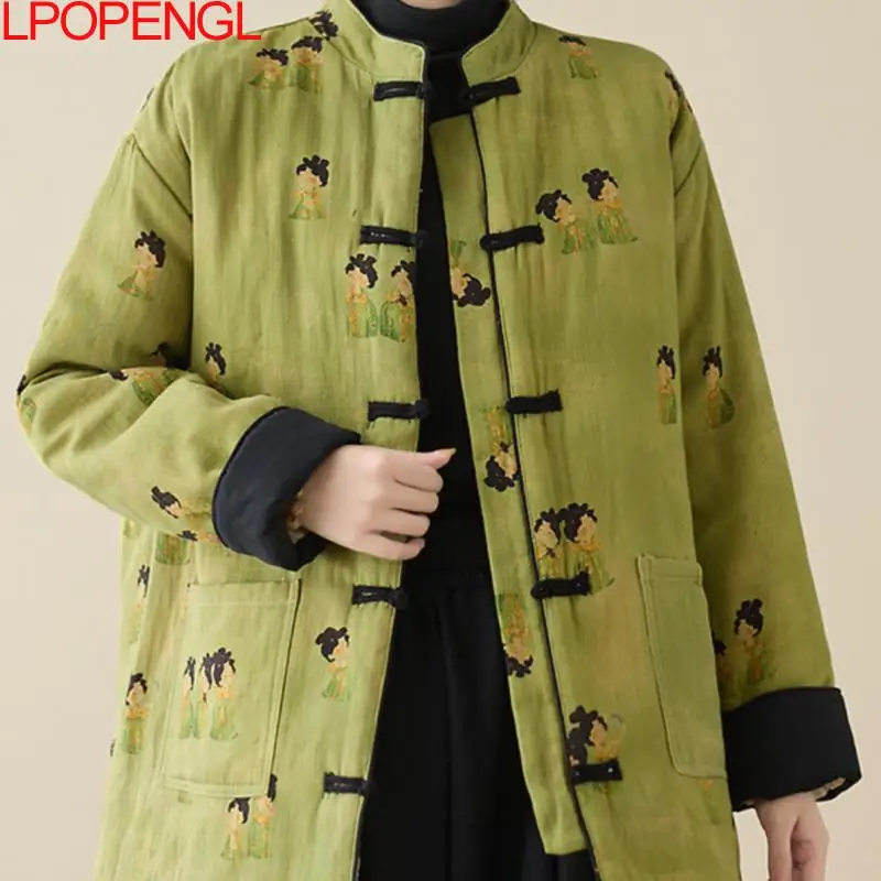 New Women's Autumn And Winter Chinese Style Stand Collar Printed Single Breasted Thickened Mid Length Long Sleeved Wadded Jacket