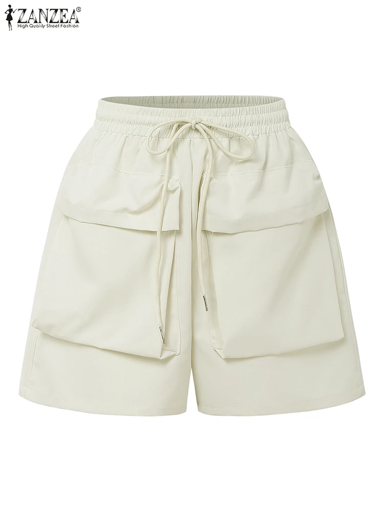 ZANZEA Damskie Szorty do Pracy Modne Szerokie Nogawki Lato 2025 Szorty ze Sznurkiem Elastyczna Talia Kieszenie Luźne Szorty w Jednolitym Kolorze