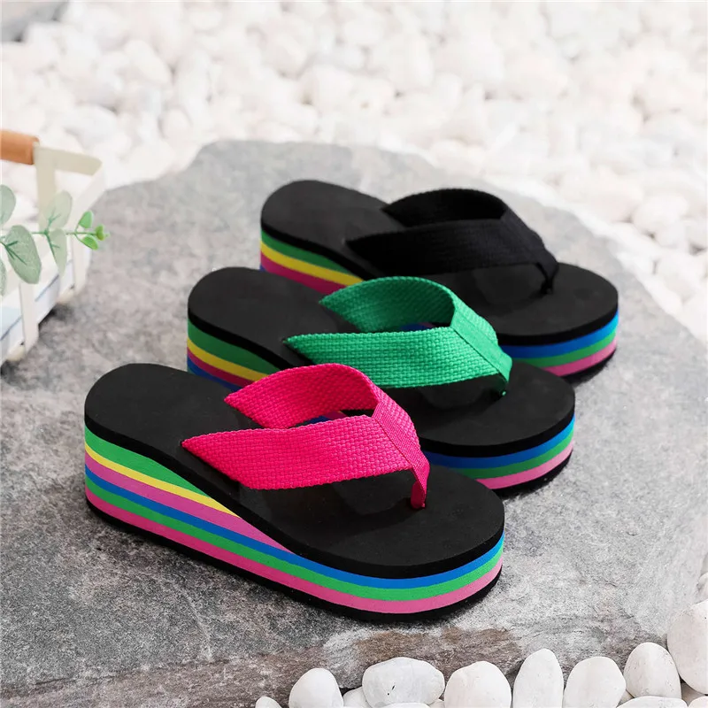 Fashion Women's Rainbow Thick Bottom Summer Slippers High-Heeled Colorful Flip Flops for Casual Beachwear Female Outdoor Shoes