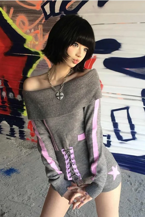 

American Vintage Style Off Shoulder Gray Sweater and Shorts Set for Women Autumn Winter Y2K Hot Girl Aesthetic Two Piece Outfit