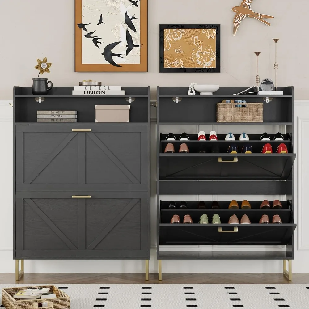 خزانة أحذية مع درجين قابلين للطي، خزانة تخزين أحذية ضيقة، منظم خشبي قائم بذاته، مخفية للمدخل، المدخل #5