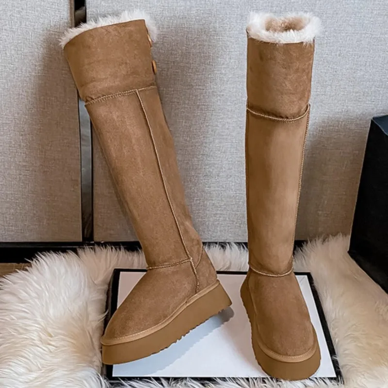Outdoor Comfortable Snow Boots for Women Winter High-end Feel Two Button Up Long Tube Boots Warm Thick Soled Woolen Boots