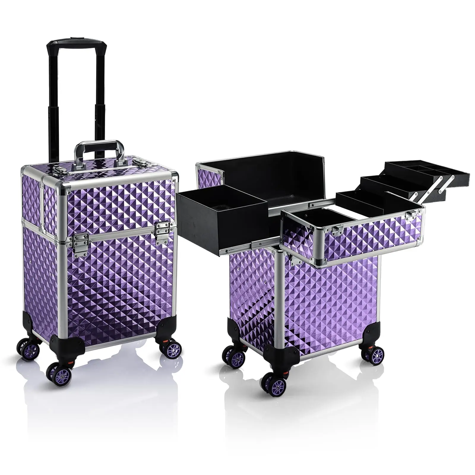 

Makeup Train Case Portable Cosmetic Box Jewelry Organizer Lockable with Keys and Mirror 2-Tier Trays for Makeup Artists