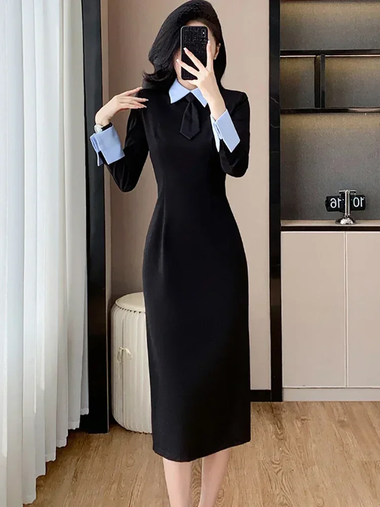 2025 elegante bodycon vestido de noite outono inverno preto retalhos gola polo camisa vestido feminino coreano vintage hepburn vestido de baile