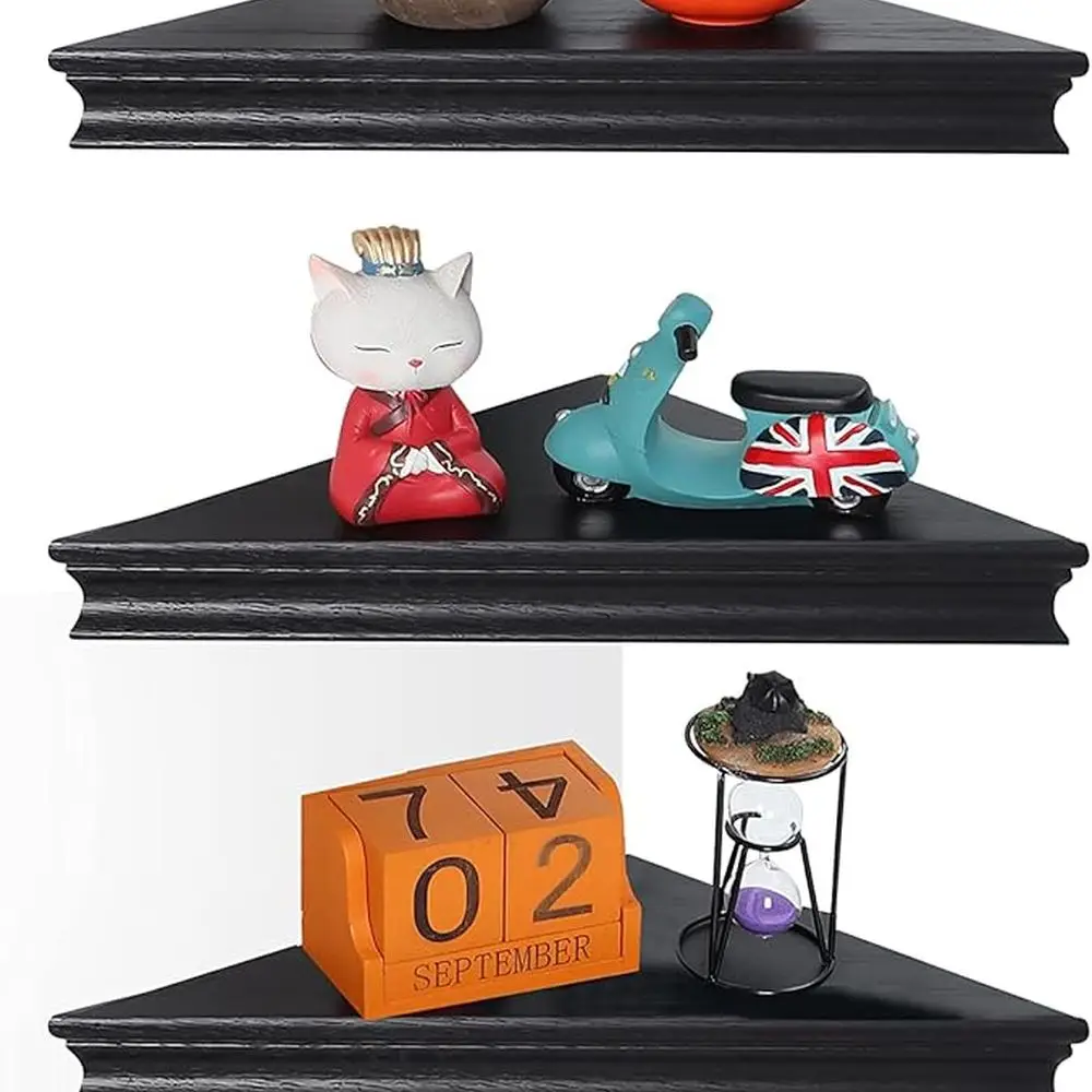 

Set of 4 Black Triangular Wall Shelves for Home - Corner Mount for Rooms