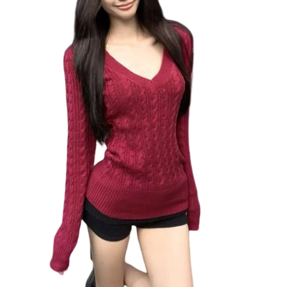 for V Neck Solid Color Cable Knit Sweater for Women Fitted Waist Cinched Long Sleeve Polyester Top Ideal for Summer Cycling