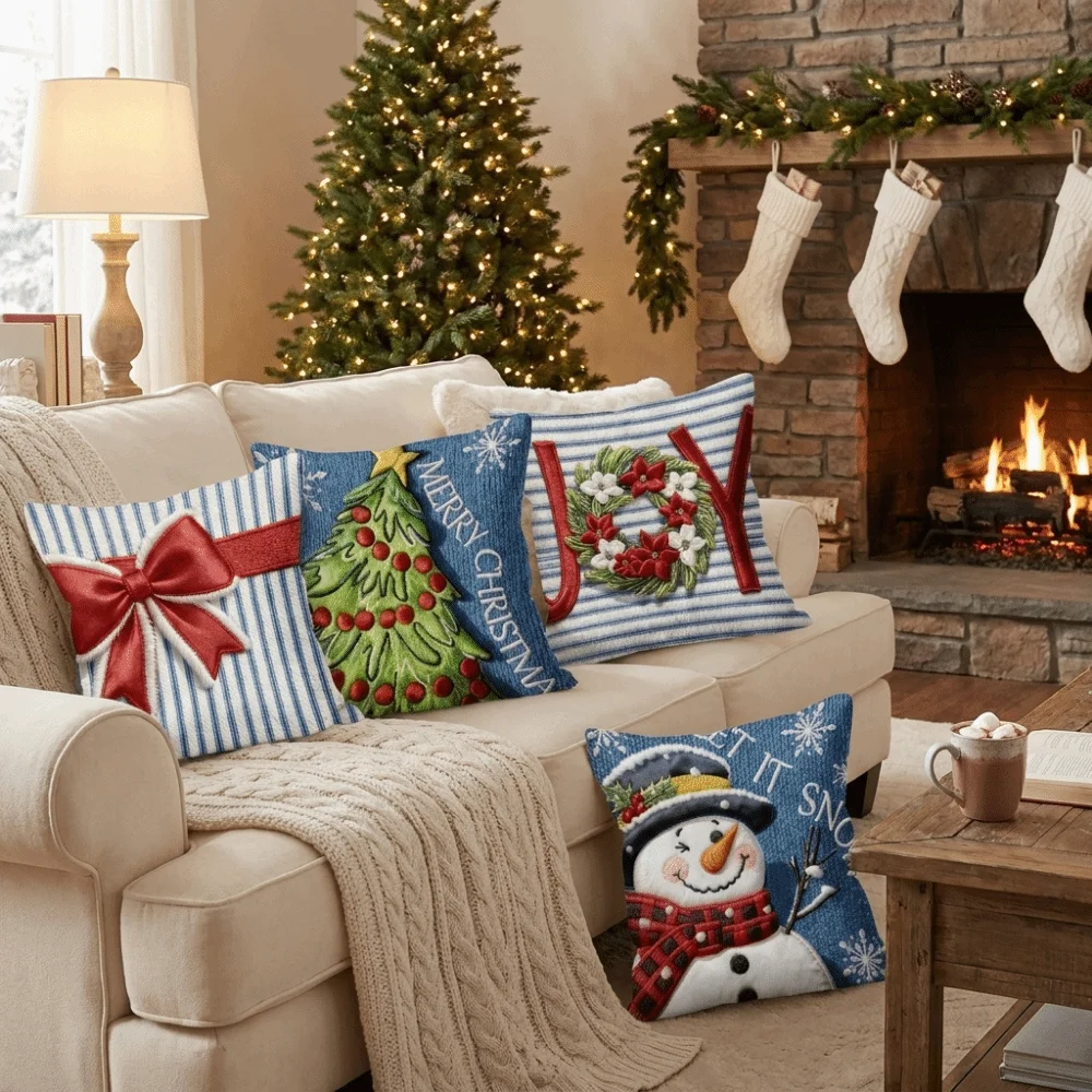 Cartoon Christmas Pillow Covers Flat Printing Snowman Holiday Cushion Cover 45*45 cm Santa Claus Throw Cushion Case New Year