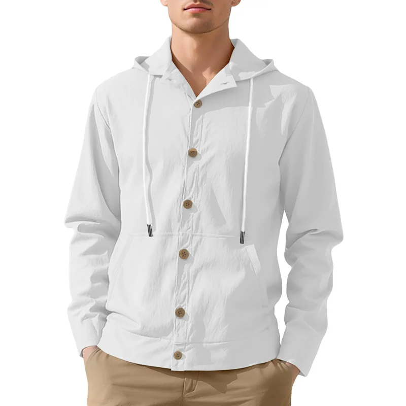 

New Solid Men's Linen Casual Long Sleeve Hooded Shirts Spring Autumn Drawstring Single Breasted Beach Shirt Man Sports Blouse