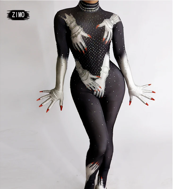 

Fashion Rhinestone Handprint Sexy Jumpsuit Women Red Black White Dance Tights Stage Performance Club Party Birthday Show Costume