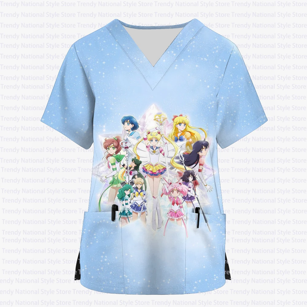 

2025 Summer Women's Nurse Uniform Printed Sailor Moon Scrub Top Pet Shop Beauty Salon Work Uniform Hospital Nurse T-shirt
