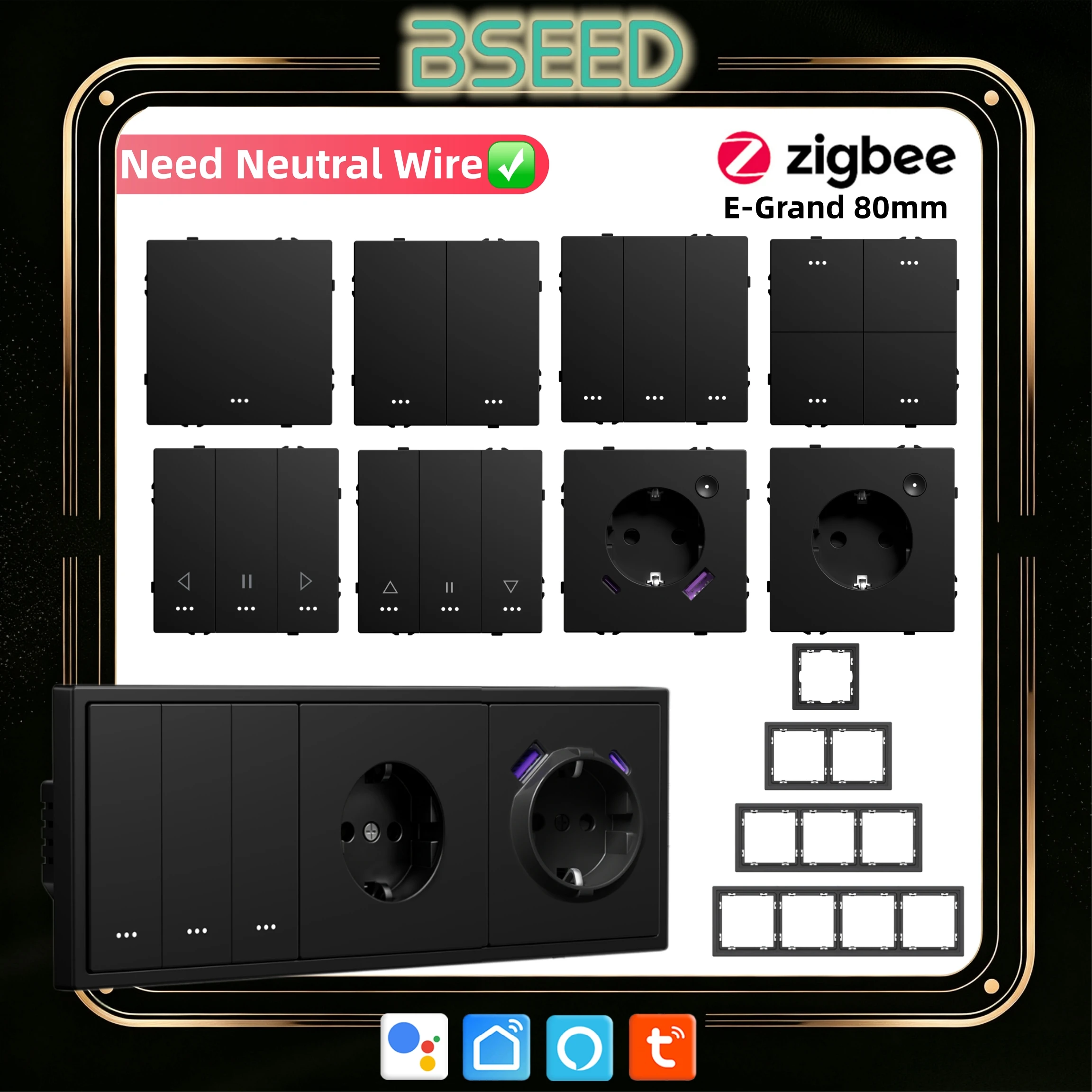 BSEED E Grand Series 1/2/3/4Gang Zigbee Button Switch Module Curtain Shutter Plastic Frame Smart Socket DIY Part Tuya SmartLife