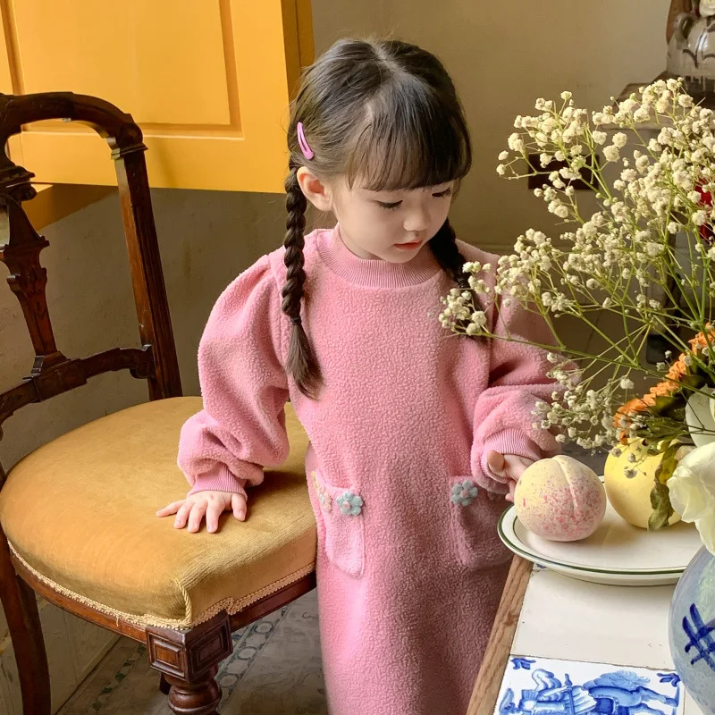 

Girls' Lamb Wool Sweatshirt Dress Autumn Winter Long Sleeve Furry Top Girls' Lamb Wool Dress