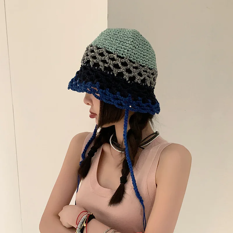 monaSame Style Hat Female Autumn and Winter Hollow out Bucket Hat Internet Celebrity Niche Contrast Color Knitted Toque Stitchin