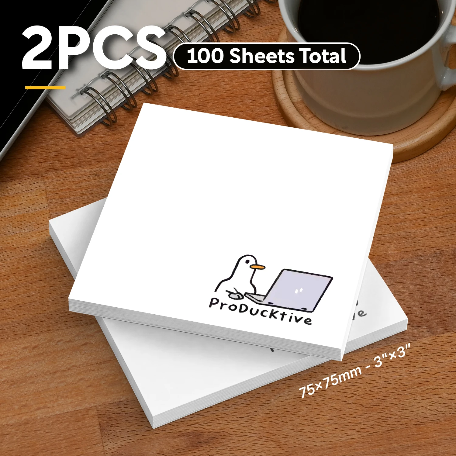 2pcs Funny Productivity Sticky Notes, Minimal Office Self Stick Memo Pads, 100 Sheets Total, Cute Duck Working Theme Notepad