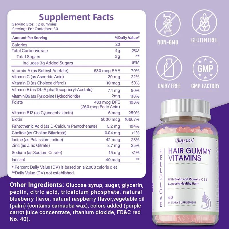 Hair Vitamin Gummies with Biotin - Hair Growth, Reduce Fine Lines, Healthy Skin and Strong Nails, Promotes Collagen Production