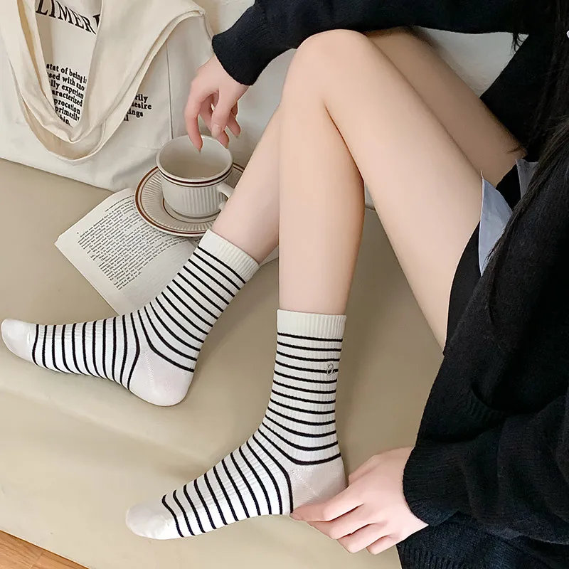 Women'S Stockings Cotton Socks Stripes Leisure Middle Barrel Socks Pink Socks For Women High Resilience Skin-Friendly Socks