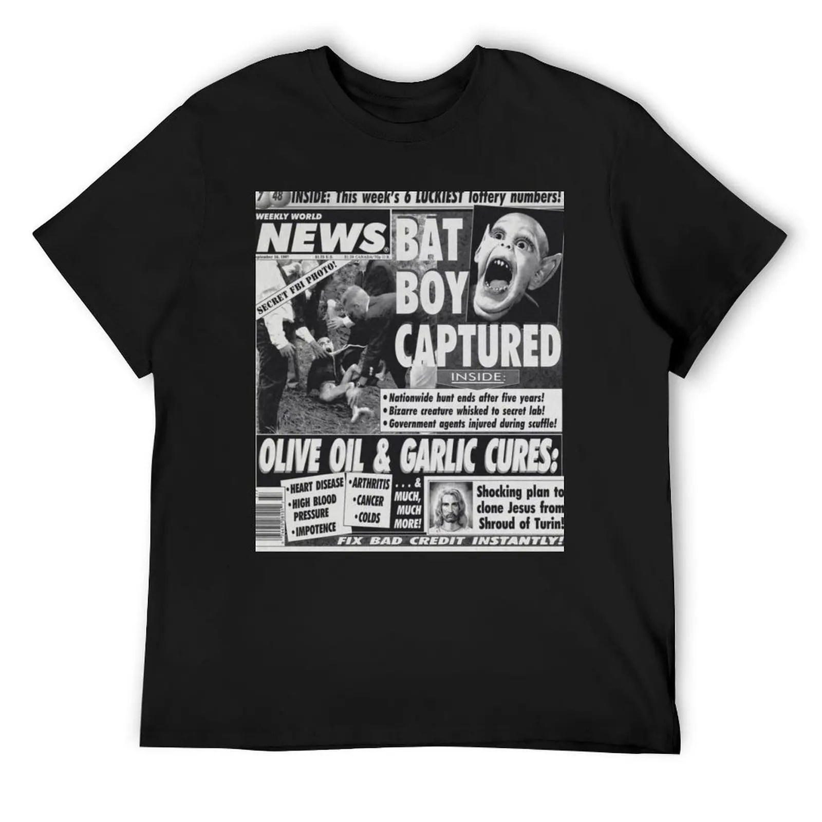 Bat boy captured bizarre odd strange enquire magazine article weekly news clone jesus T-Shirt tees black t-shirts for men