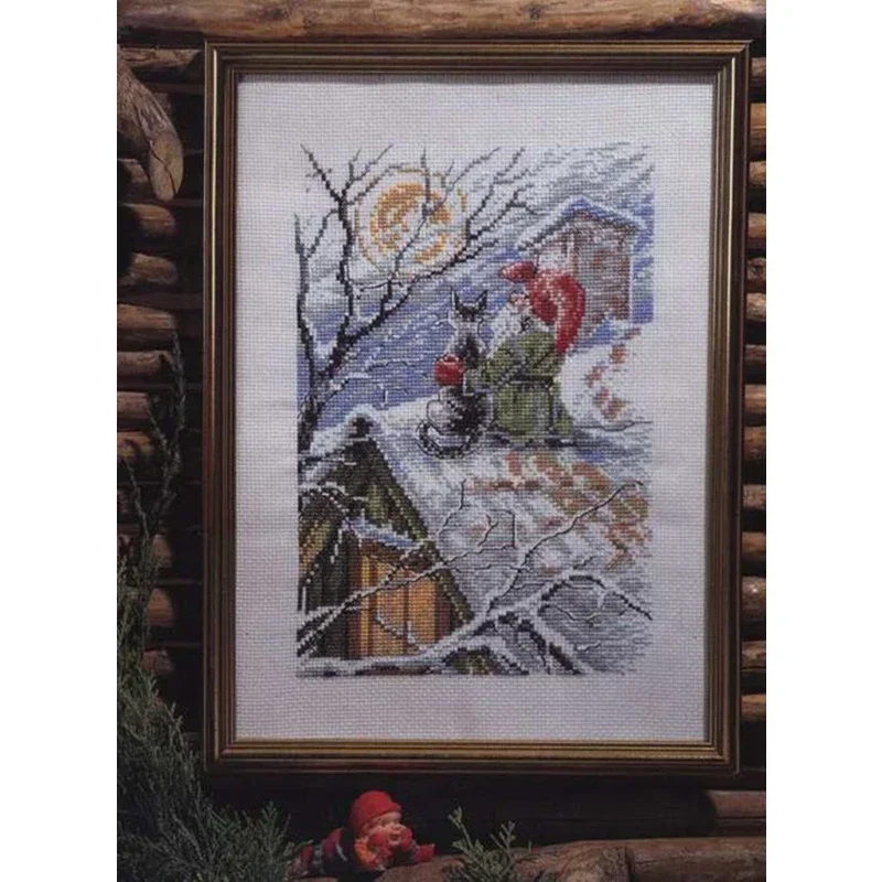 Amishop Gold Collection Lovely Counted Cross Stitch Kit Christmas Gnome Cat On A Snowy Roof Santa Winter Snow