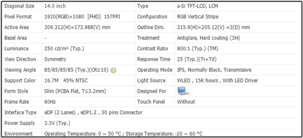 TV140FHM NH0 TV140FHM-NH0 14 Inch LCD Screen Laptop IPS Panel FHD 1920*1080 EDP 30pins Slim 60Hz