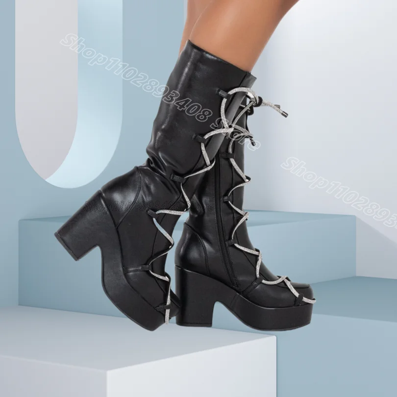 

Black Cross Band Chunky Heels Boots Stylish Side Zipper Platform Women Casual Pink Style Short Boots 2025 Zapatos Para Mujere