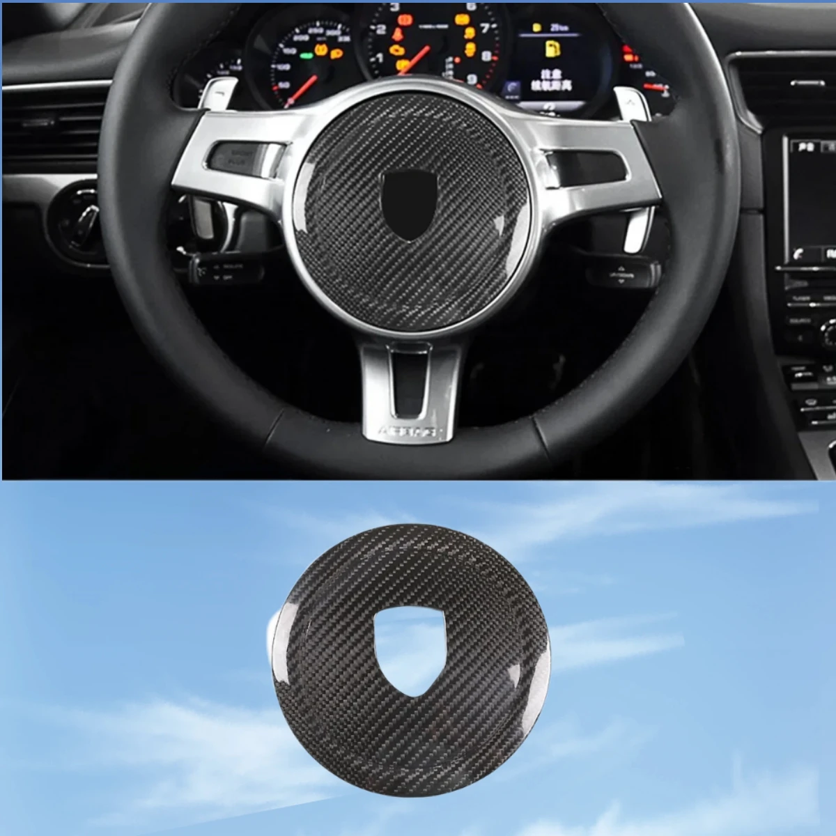 For Porsche Cayenne Macan 911 Panamera Real Carbon Fiber Car Steering Wheel Sign Decorative Cover Car Interior Accessories