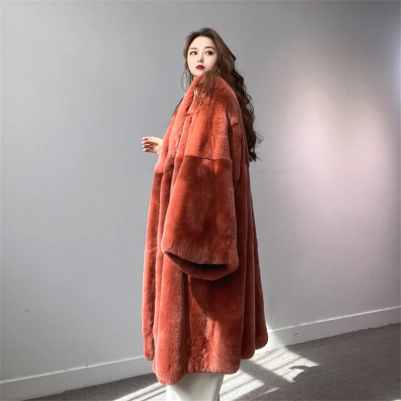 Luxury Women Real Natural Rex Rabbit Fur Long Coat Winter Fashion Genuine Fur Thick Overcoat Elegant Female Real Fur Outwear