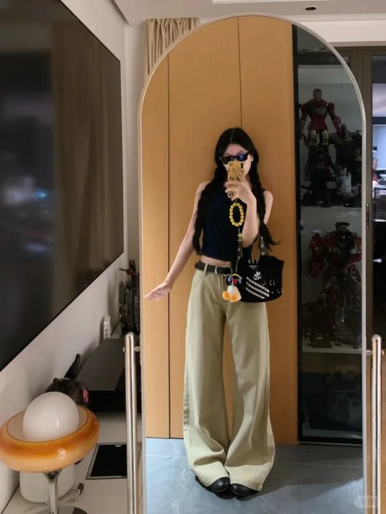 Jeans denim kaki oversize a vita bassa da donna larghi lunghi fino al pavimento comodi pantaloni a gamba larga stagione autunnale abbigliamento casual