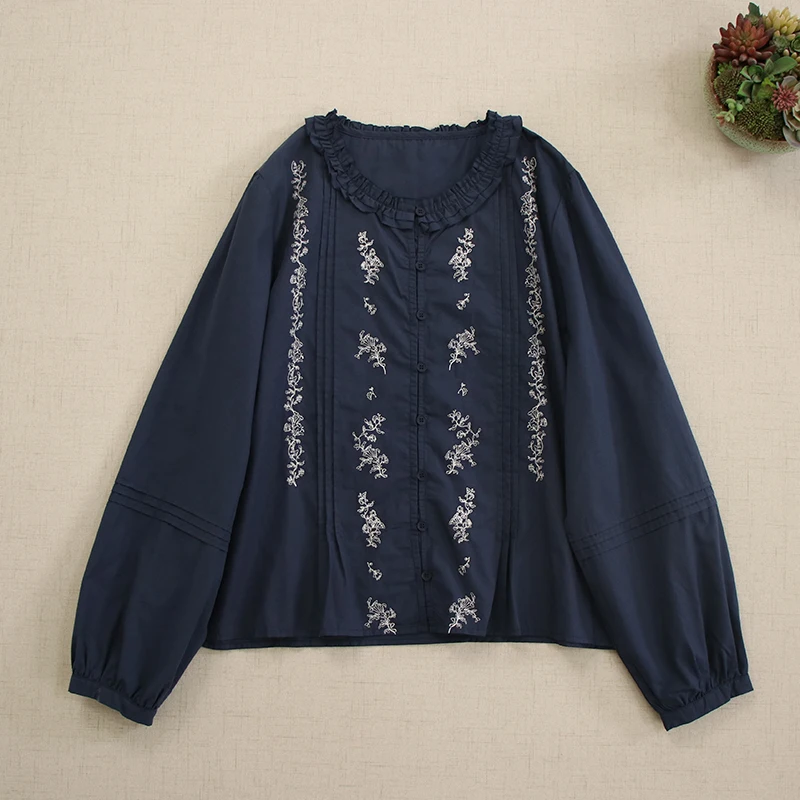 Mori Girl Sweet Embroidery Cotton Shirt Women Spring New O-Neck Long Sleeve Single Breasted Casual Loose Blouse Tops