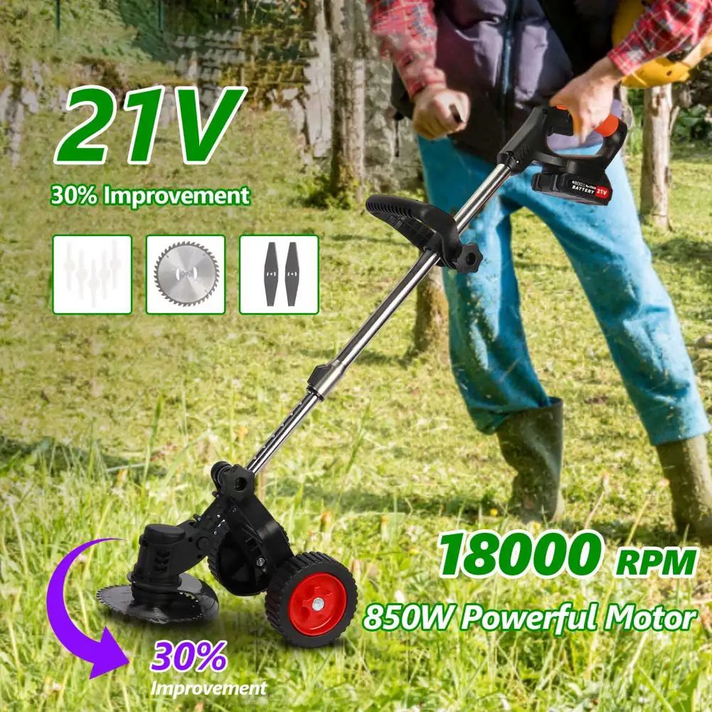 

21V 2000mAh Cordless Electric Weed Trimmer Rechargeable D-Shaped Handle 2 Wheel Lawn Mower 3 In 1 Brush Cutter Grass Trimmer