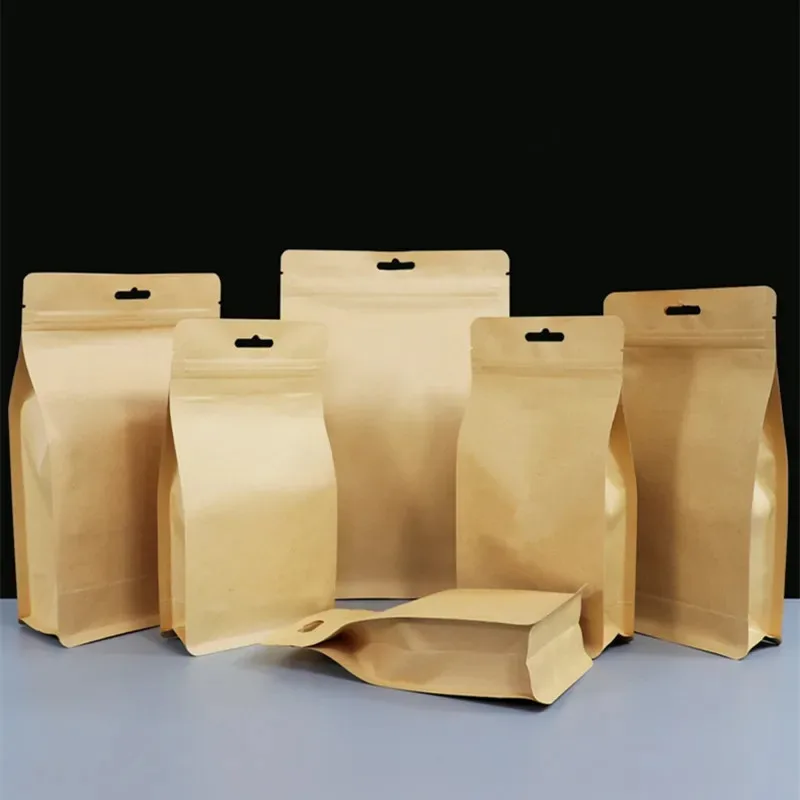 

25PCS Stand-Up Kraft Paper Ziplock Bags 3D Portable Hanging Pouches for Coffee, Snacks, Tea, Eco-Friendly Thick Storage Bags