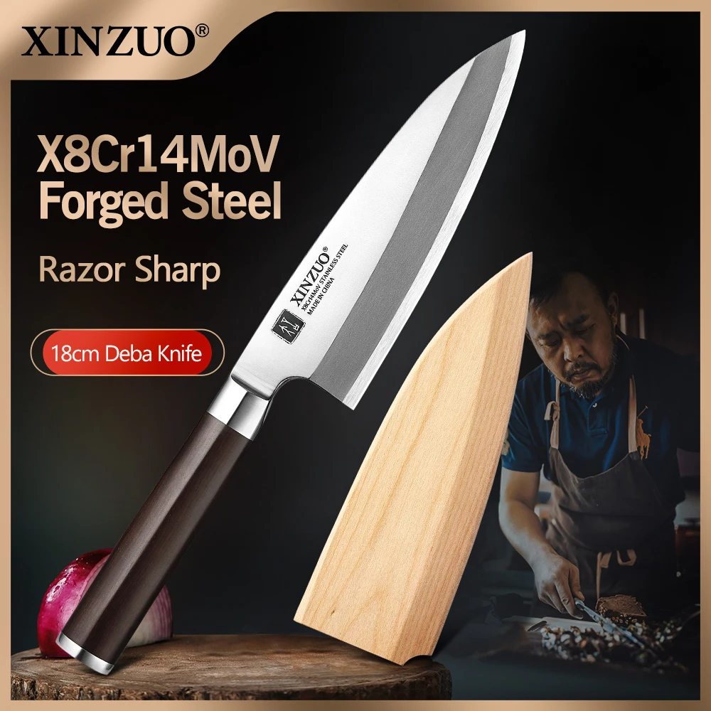 XINZUO 180mm nóż Gyuto z pochwą X8Cr14MoV kute stalowe Sushi Sashimi łosoś Deba filetowanie ryb nóż szefa kuchni
