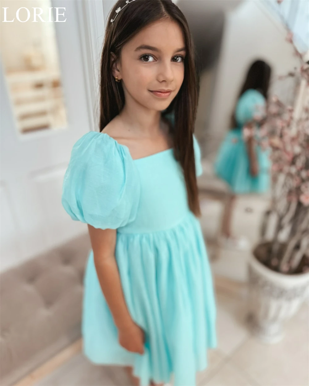 LORIE-vestido plisado de flores para niña, traje con cuello cuadrado y mangas abullonadas, color azul Pastel, personalizado, para fiesta de boda y cumpleaños, 2025