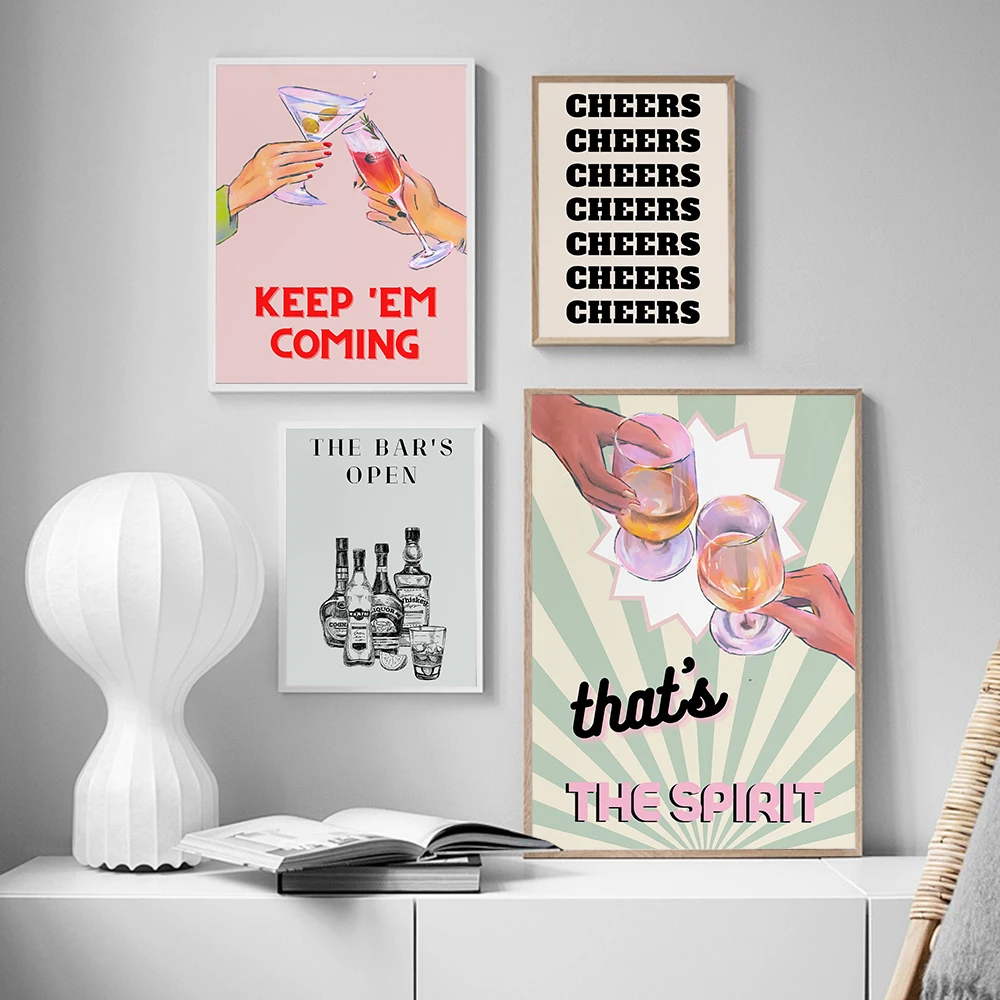 Bar Cart Cheers Print Accessories Wall Art Canvas Painting Preppy Poster Pictures Bar Cart Kitchen Decoration