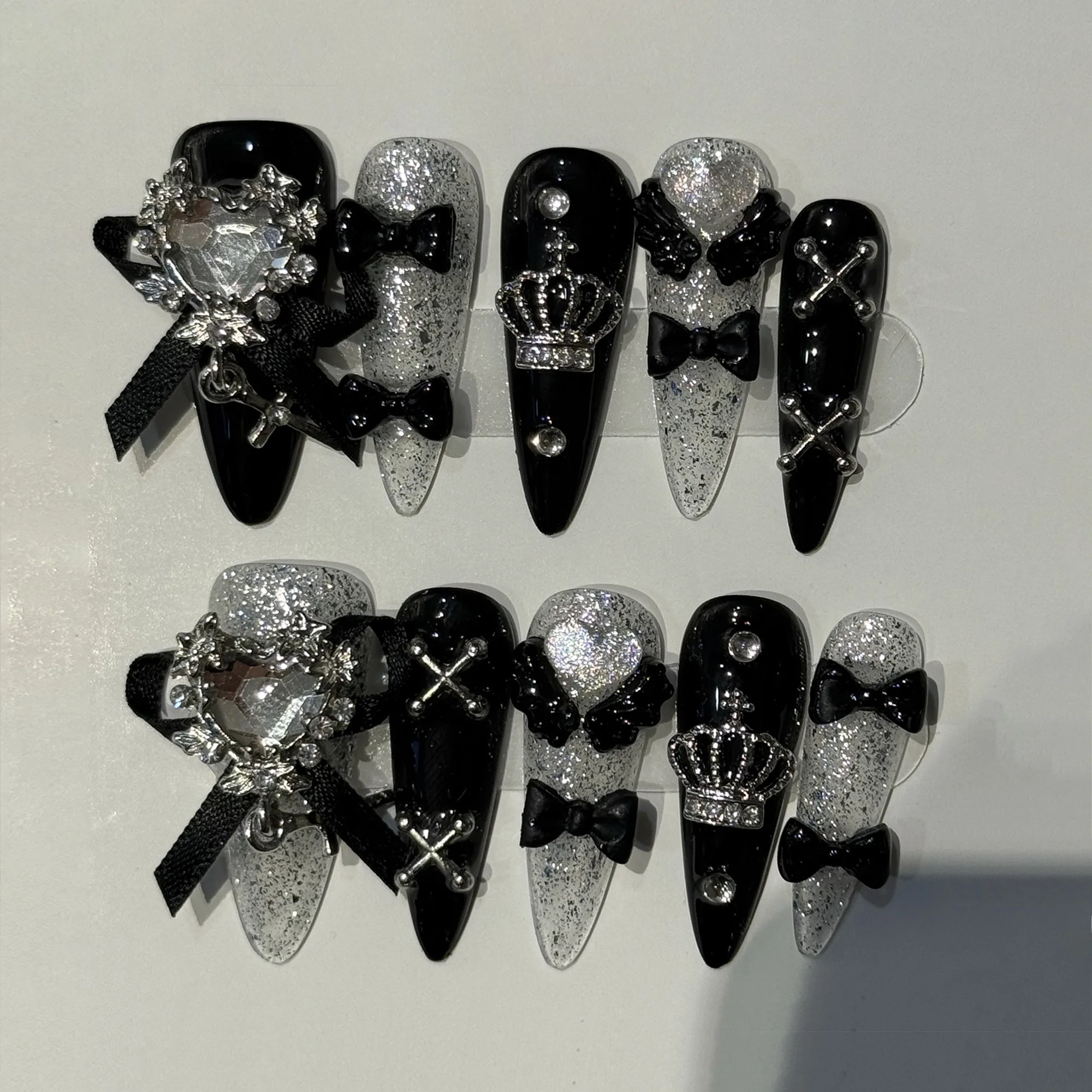 

Набор из 10 шт. 3D черных накладных ногтей-стилетов ручной работы с бантом, в стиле Y2K, с дизайном из страз, ретро, многоразовые накладные ногти.